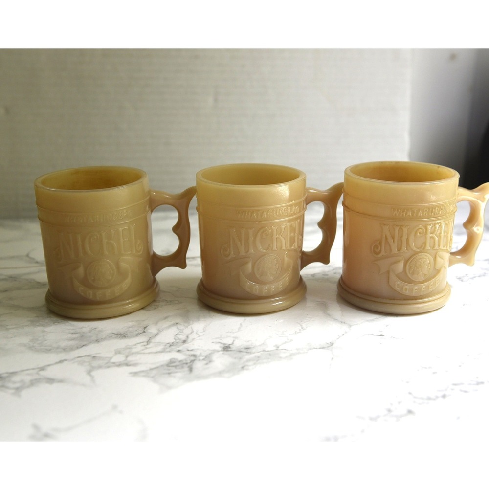 Vintage Whataburger Nickel Coffee Milk Glass Mugs Set of 3 Butterscotch USA Made
